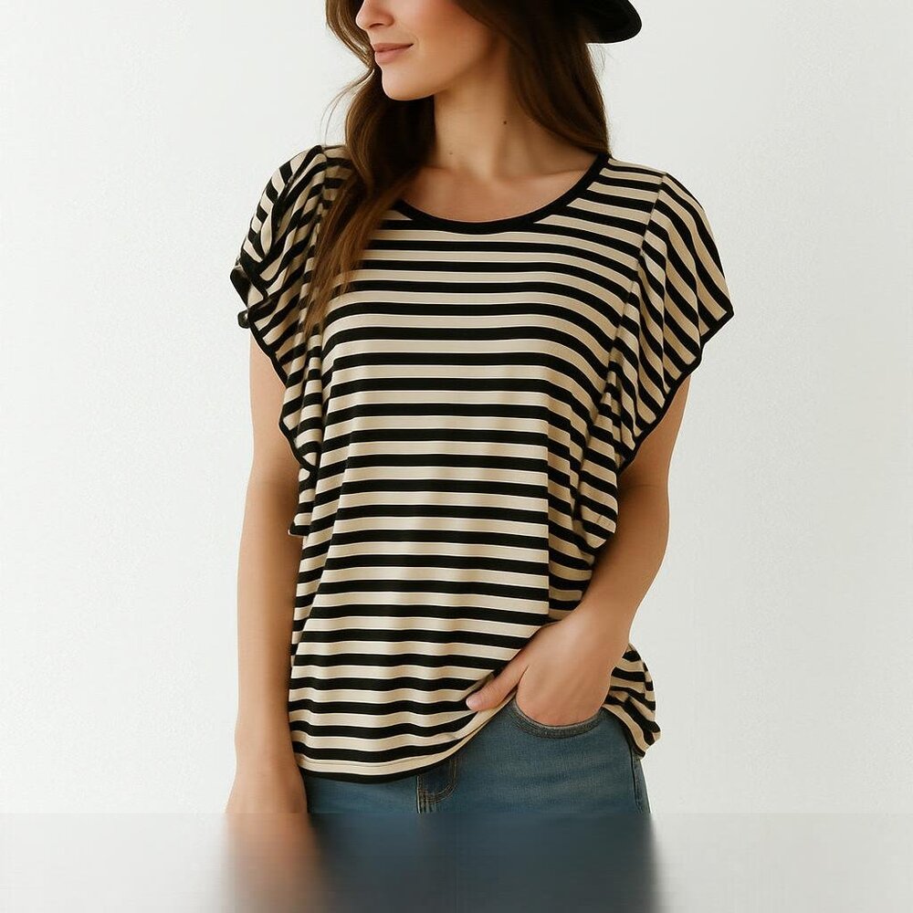 Laura Black and Tan Striped T-Shirt women’s size XL, Flutter sleeve - Picture 1 of 9